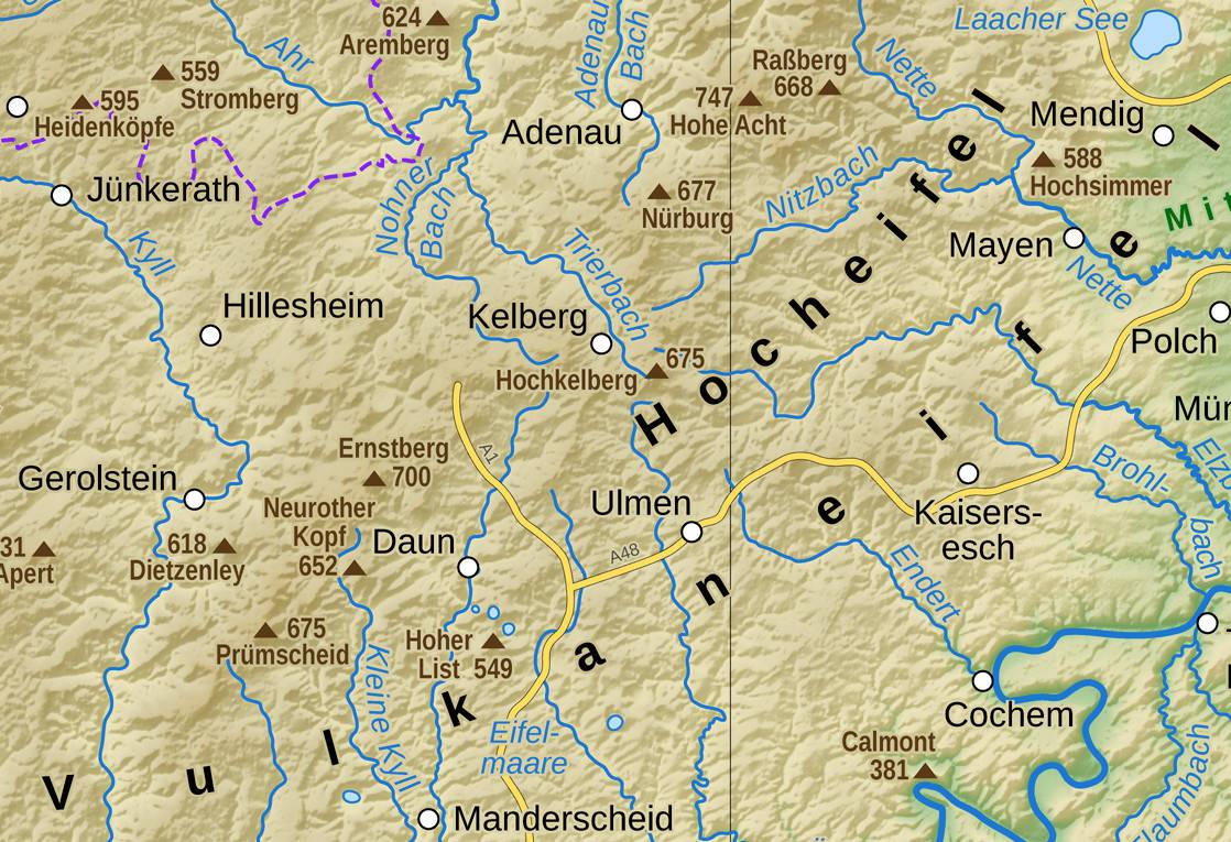 L'Eifel volcanique s'étend du sud-ouest au nord-est en formant une légère courbe, en passant par les lacs de l'Eifel jusqu'au lac Laacher See. (1|6)