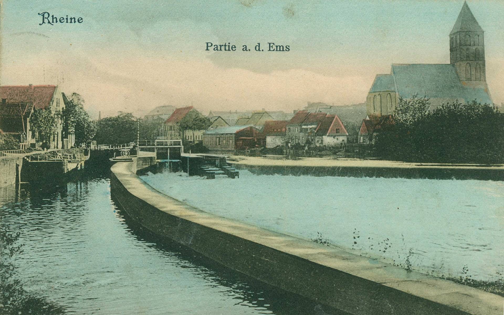 Le barrage de l'Ems à Rheine sur une carte postale de 1908, scannée „Von Zumthie - Scan, PD-alt-100, https://de.wikipedia.org/w/index.php?curid=5661872“ (6|6)