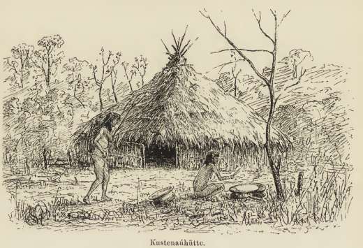 La femme kustenaú s'accroupit lorsqu'elle prépare le repas dans la grande marmite devant la hutte.