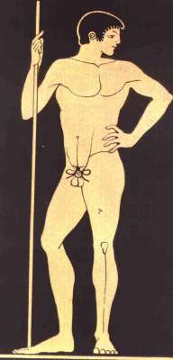 Le cynodesme, un fil pour fermer le prépuce, était porté - si nécessaire - par les athlètes de la Grèce antique. Domaine public<br> 