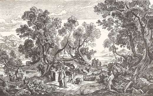 Ulysse, avec une branche feuillue devant sa nudité, s'avance vers la jeune Nausicaa et lui demande de l'aide.