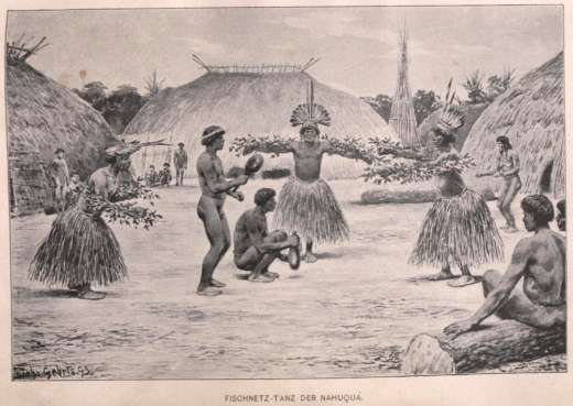 Le culte et les cérémonies unissent les gens et stabilisent les réseaux sociaux : danse du filet de pêche d'une communauté villageoise Nahuquá. Source : Karl von den Steinen, 1894