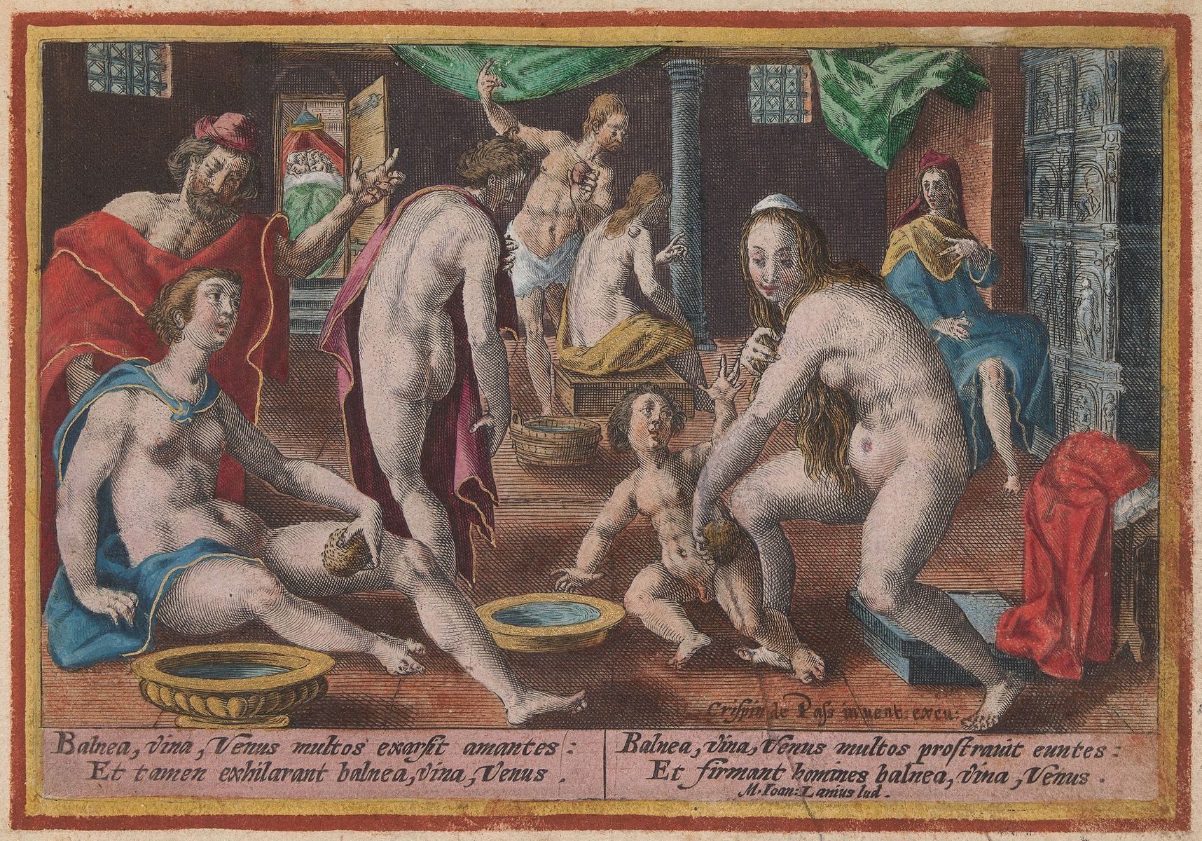 La scène du bain public à Paris de 1671 <!-- START: ConditionalContent -->est commenté en latin : « Les bains, le vin et Vénus brûlent les amants, et pourtant ils rendent heureux. Les bains, le vin et Vénus font trébucher certains, mais rendent les hommes forts ». Un coup d'œil par la petite porte du cabinet voisin explique où la Vénus remplit sa mission.<!-- END: ConditionalContent --> Collection Koninklijke Bibliotheek. Public domain