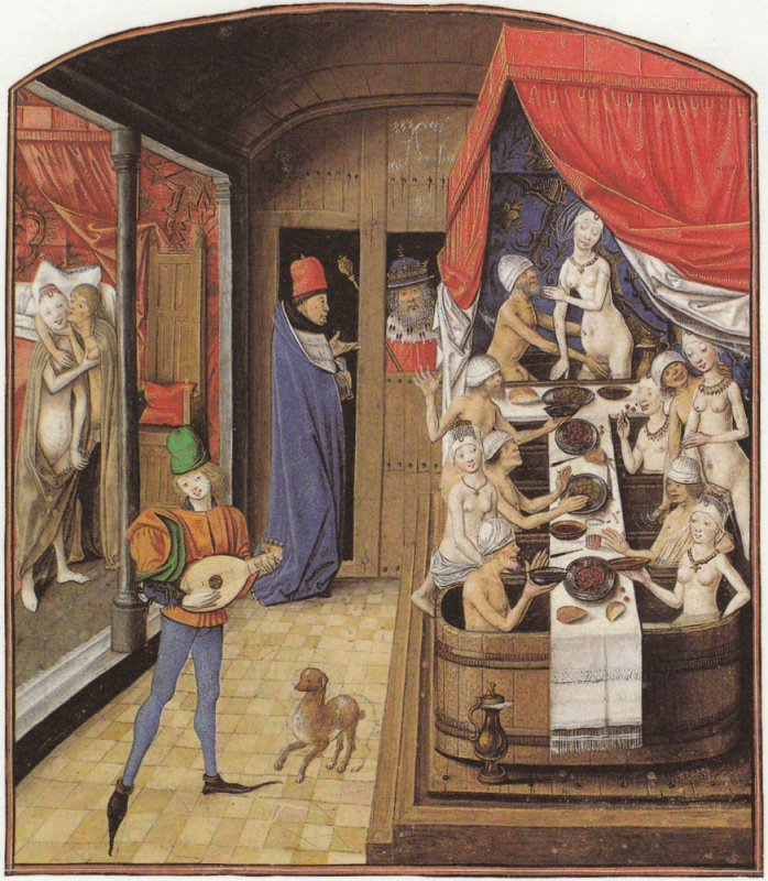 L'établissement de bains médiéval est très fréquenté. On ne se contente pas de se baigner, de manger et de boire, mais on touche aussi - ce qui est plutôt typique de la fin de la période des maisons de bain. Public Domain.